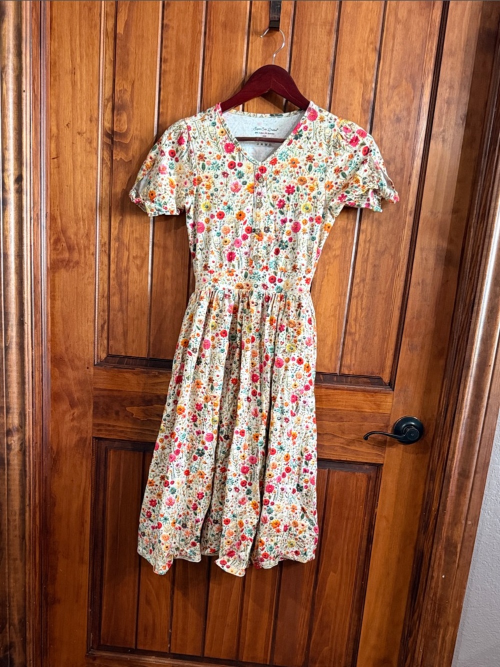 Floral V-Neck Midi Dress in Cream with Multicolor Flowers